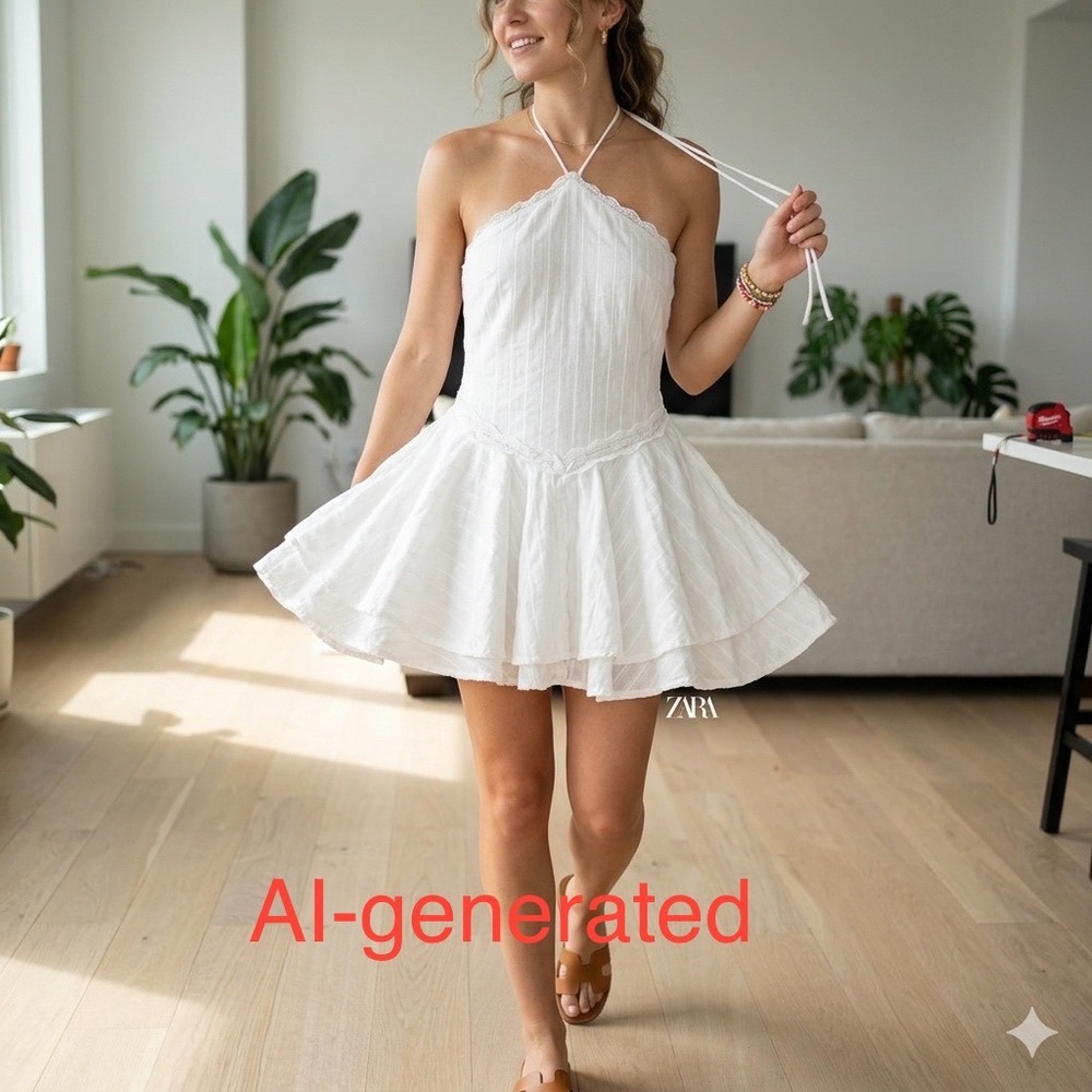Zara Halter Large White Lace Ruffled Tiered Mini Dress Cottagecore Coquette Boho